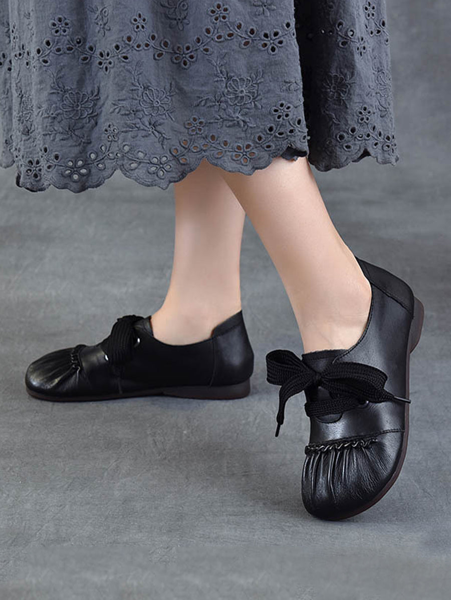 Women Casual Leather Spliced Strap Low Heel Shoes