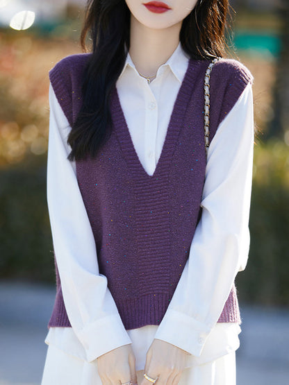Women Autumn Casual Pure Color V-Neck Knitted Vest
