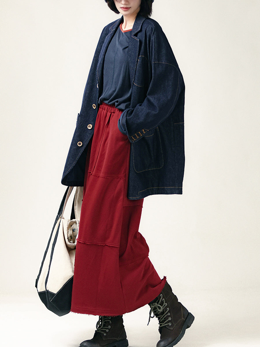 Plus Size Women Autumn Casual Pure Color A-Shape Spliced Skirt