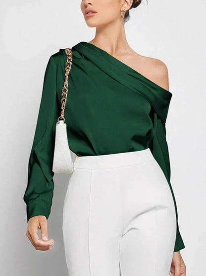 Long Sleeves Skinny Pleated Solid Color Split-Joint One-Shoulder Blouses&Shirts Tops