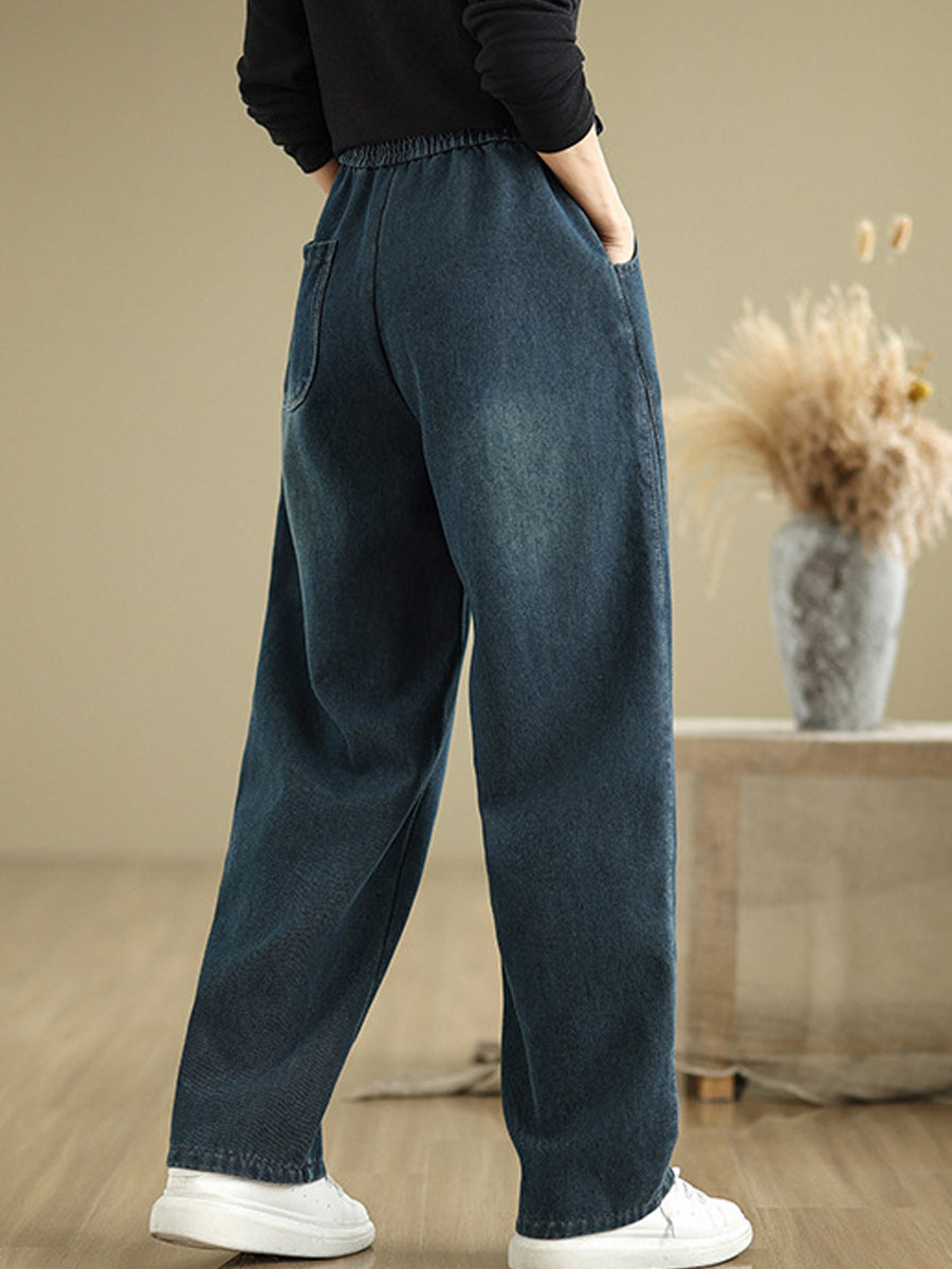 Women Autumn Retro Fleece-lined Denim Straight Pants