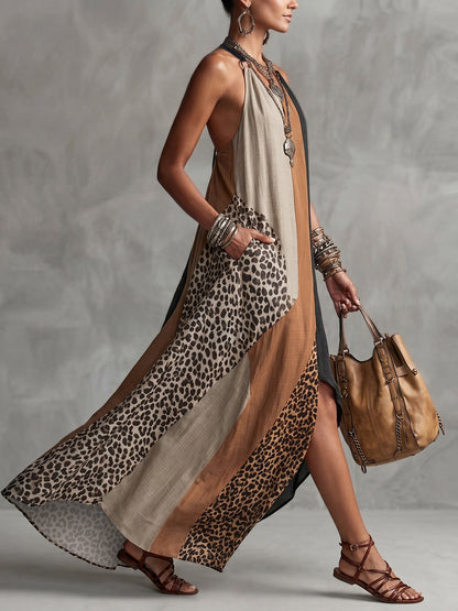 Loose Sleeveless Asymmetric Contrast Color Leopard Pockets Split-Joint Halter-Neck Maxi Dresses