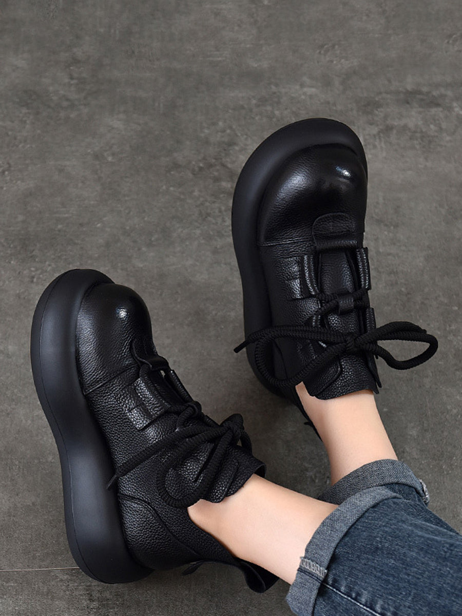 Women Vintage Leather Spliced Strap Platform Shoes
