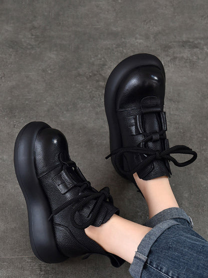 Women Vintage Leather Spliced Strap Platform Shoes