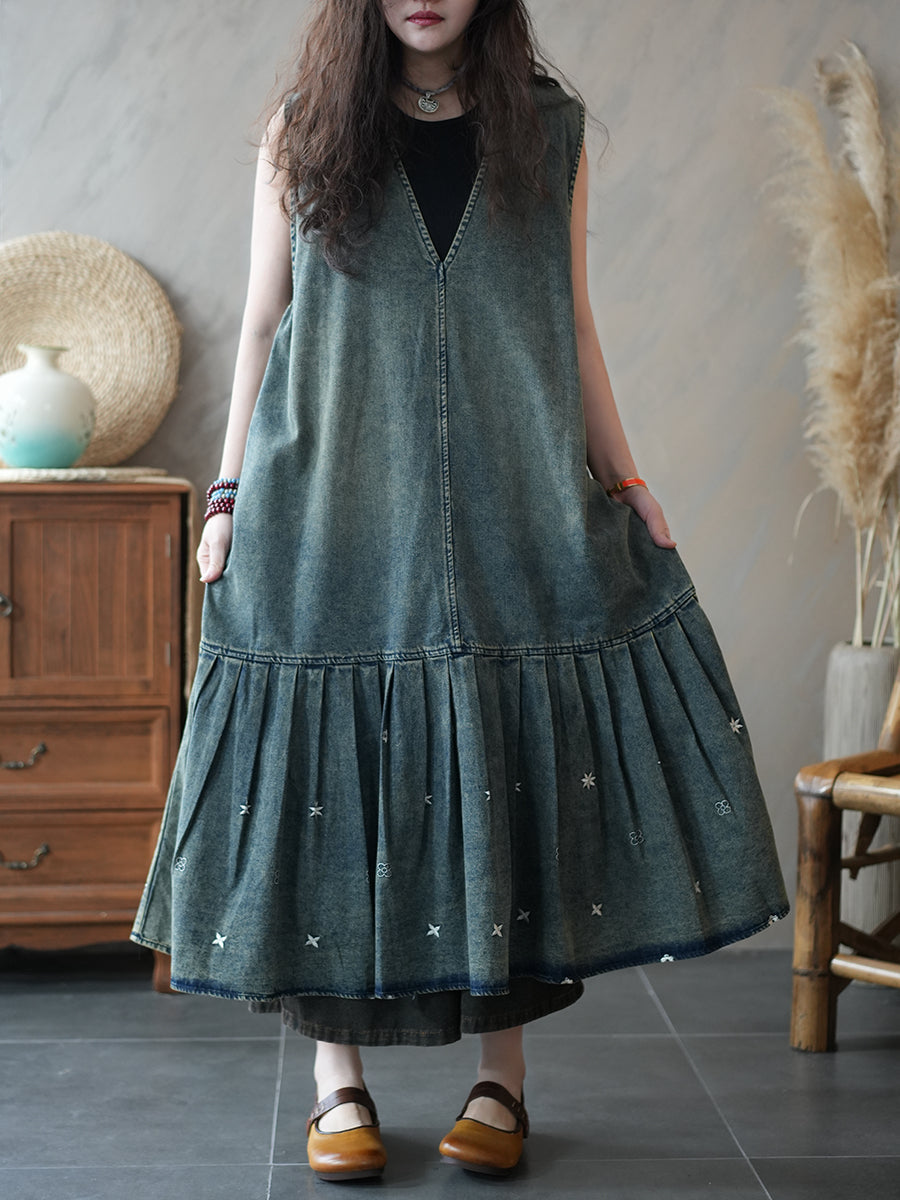Women Summer Vintage Denim Vest Pleated Dress