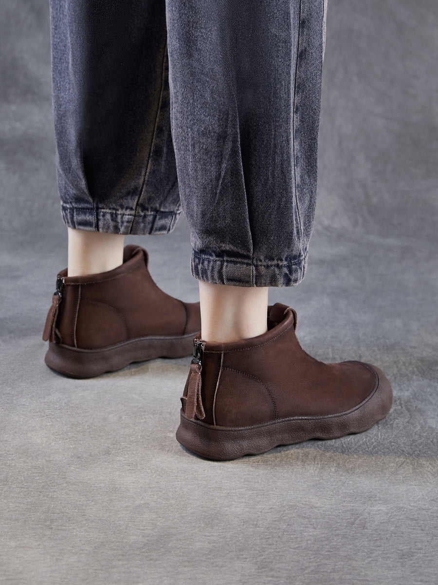 Women Winter Genuine Leather Back Zipper Flat Boots