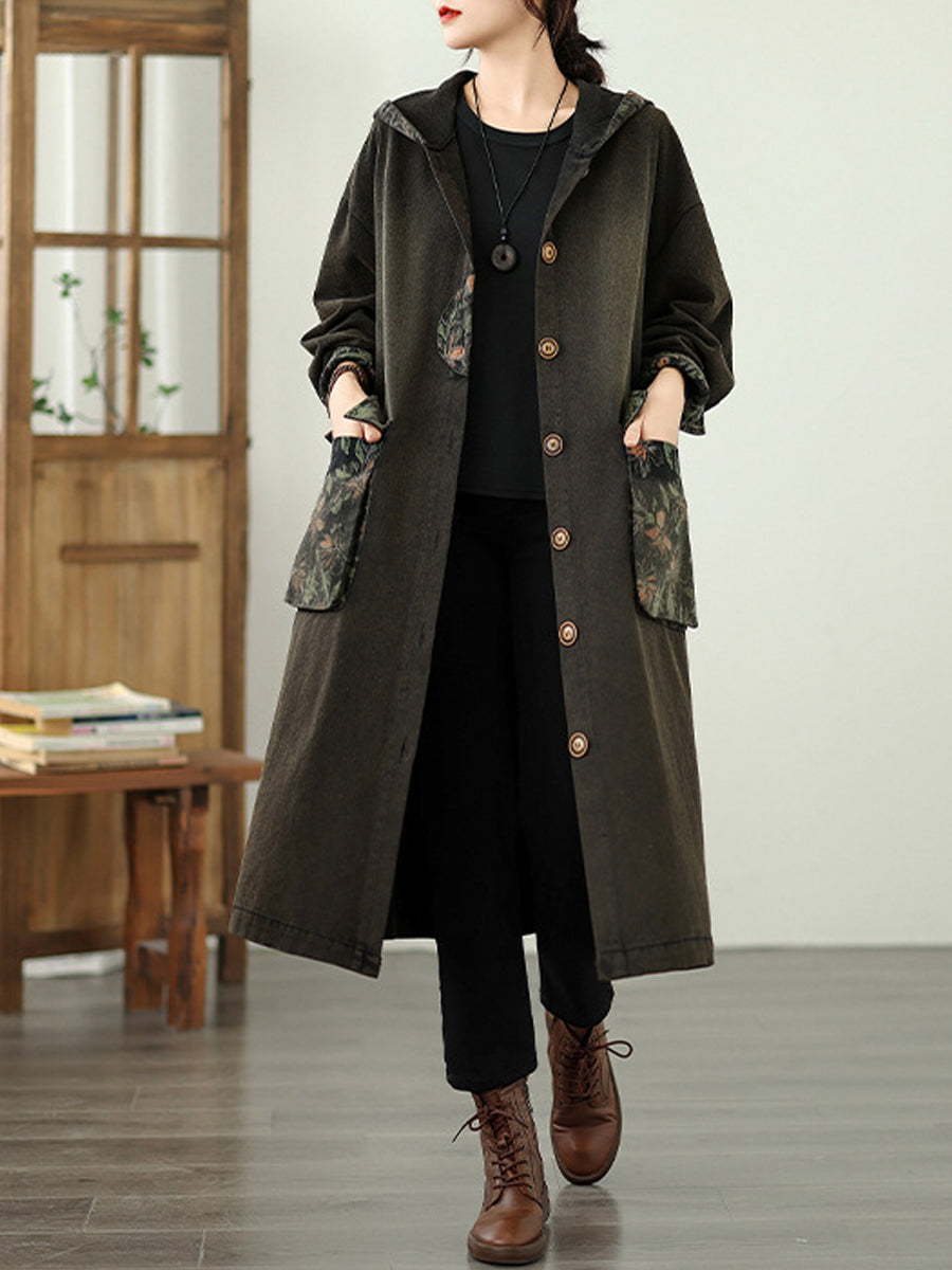 Women Autumn Denim Flower Spliced Hooded Coat