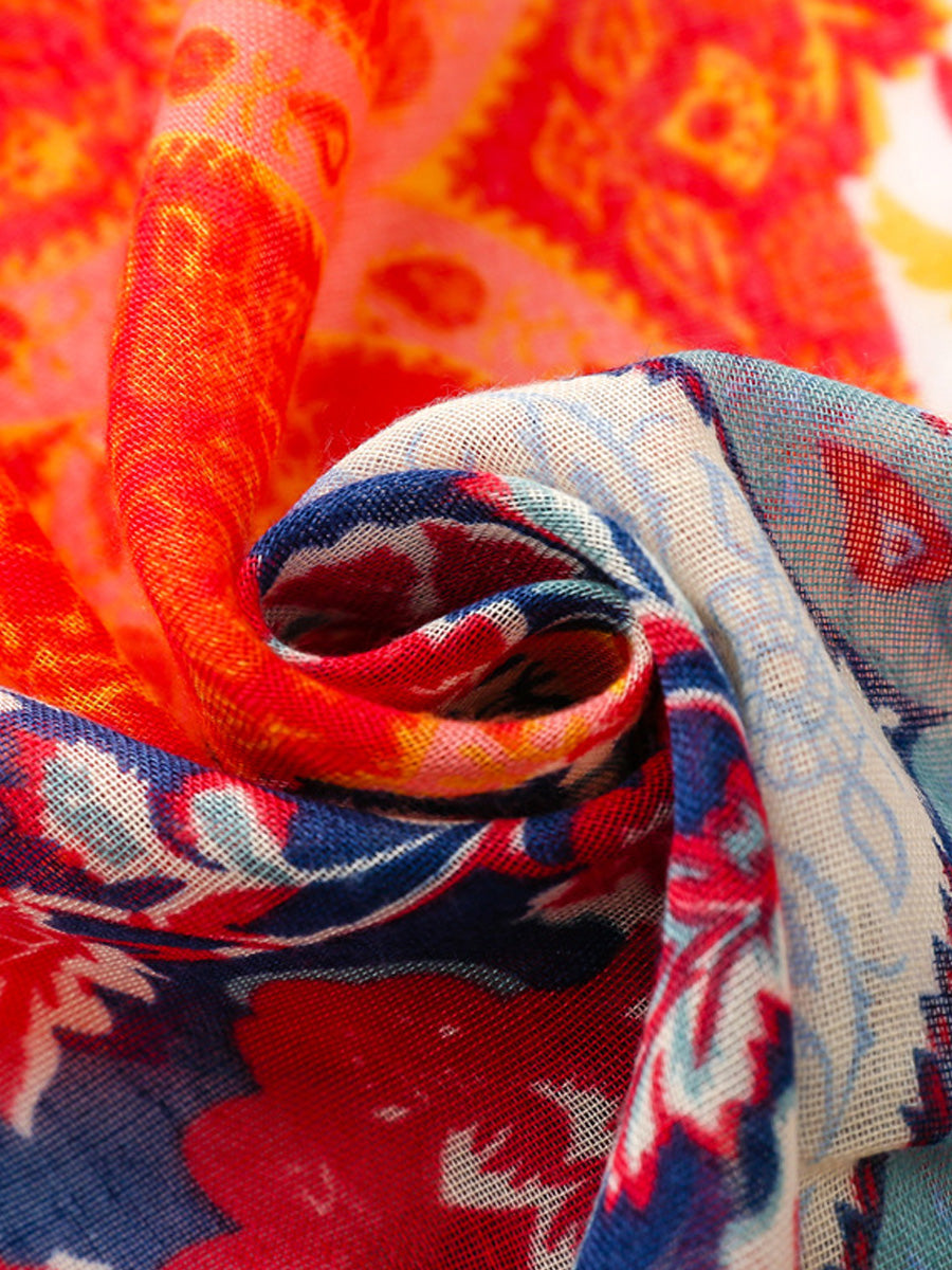 Women Summer Artsy Flower Tassel Shawl Scarf