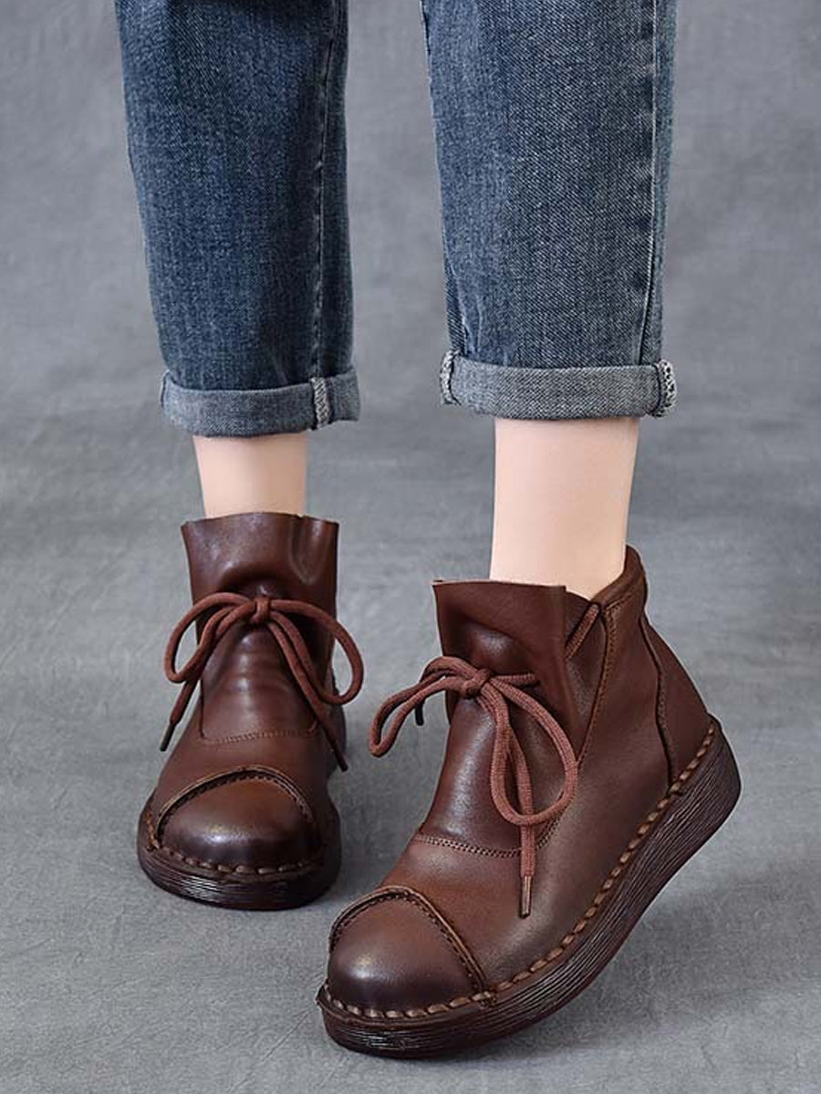 Women Winter Soft Leather Spliced Flat Ankle Boots