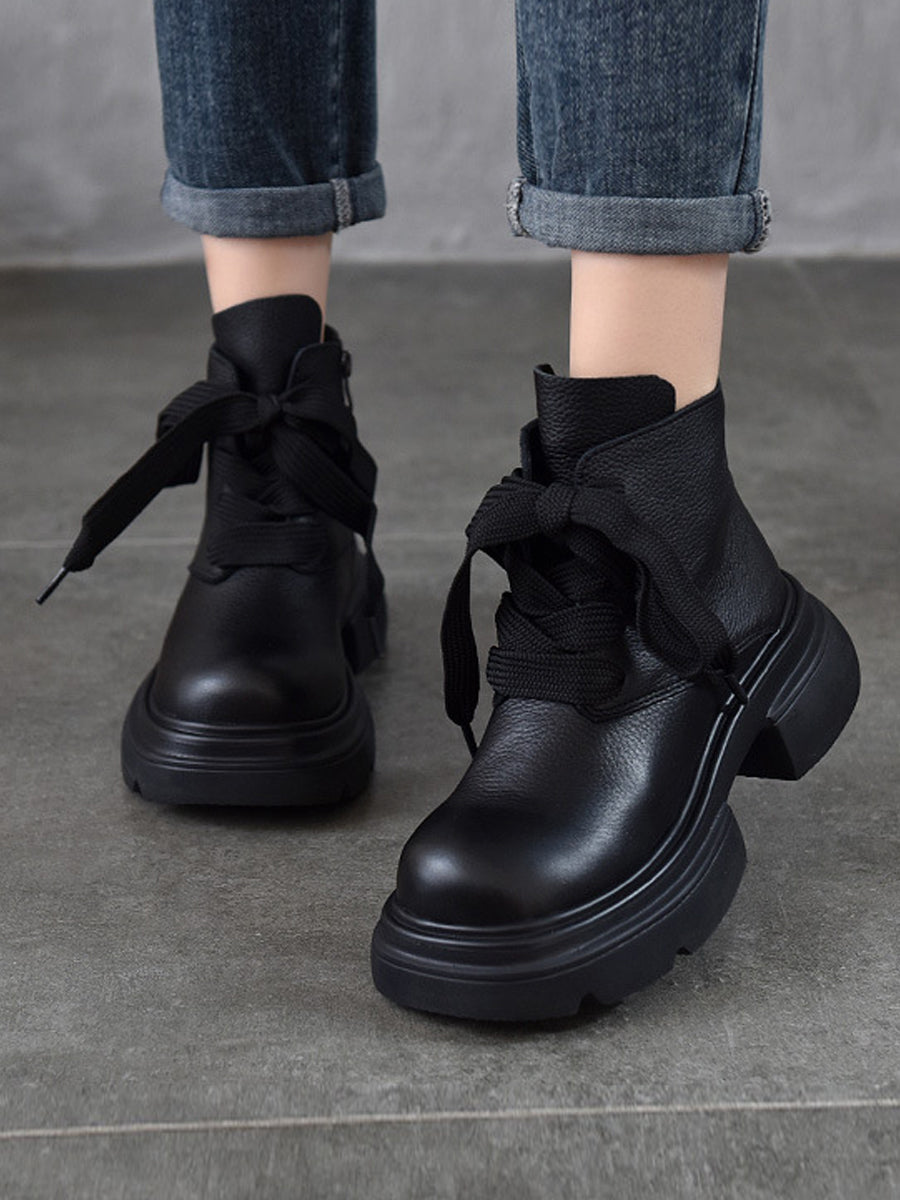 Women Vintage Genuine Leather Strap Platform Boots