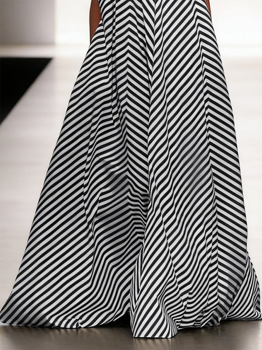 A-Line Loose Backless Contrast Color Elasticity Pockets Halter-Neck Maxi Dresses