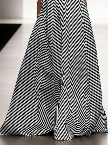 A-Line Loose Backless Contrast Color Elasticity Pockets Halter-Neck Maxi Dresses