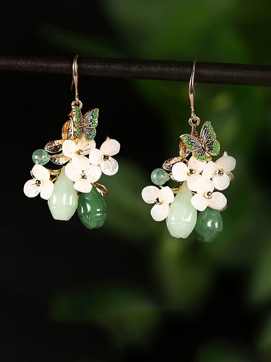 Women Artsy Butterfly Cloisonne Jade Flower Earrings