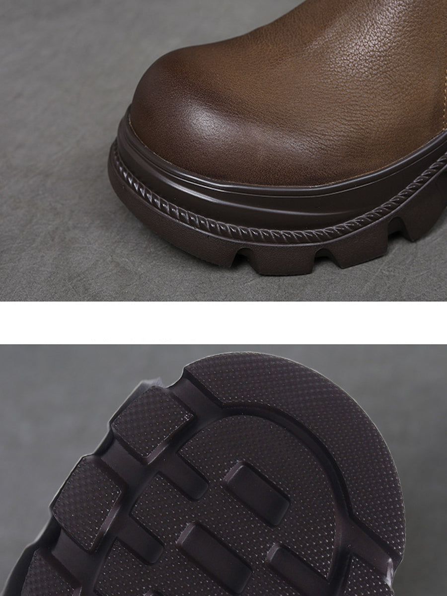 Women Vintage Genuine Leather Platform Ankle Boots