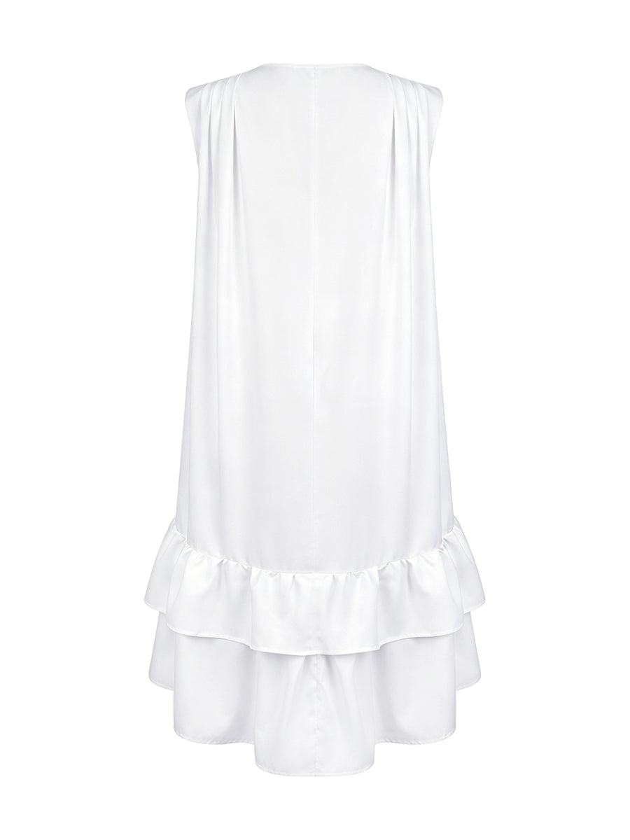 High-Low Loose Pleated Ruffled Solid Color Deep V-Neck Mini Dresses