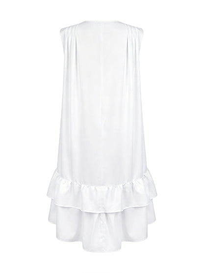 High-Low Loose Pleated Ruffled Solid Color Deep V-Neck Mini Dresses