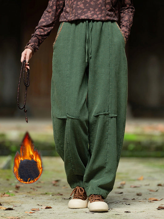 Plus Size Women Winter Retro Solid Spliced Padded Harem Pants