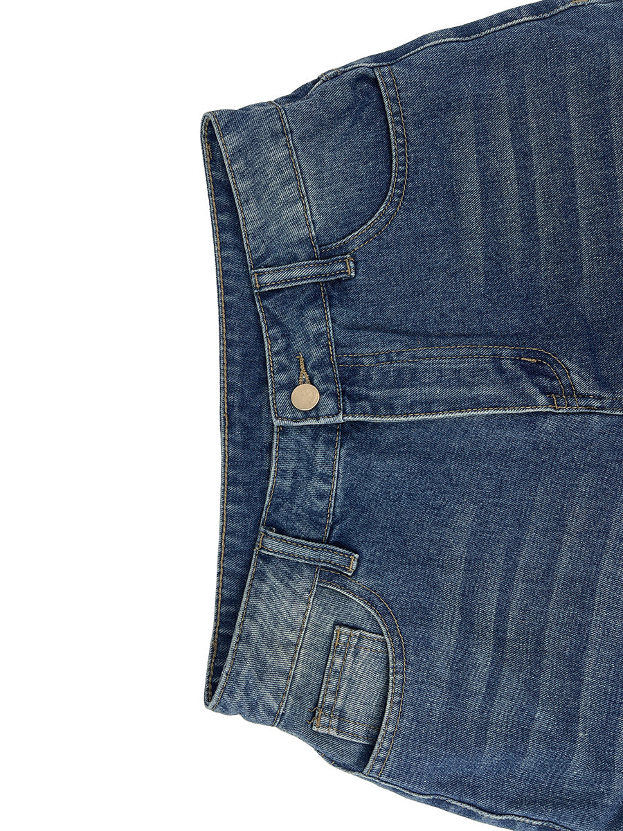 High Waisted Wide Leg Buttoned Hollow Pockets Solid Color Split-Joint Jean Pants Bottoms Shorts Bottoms