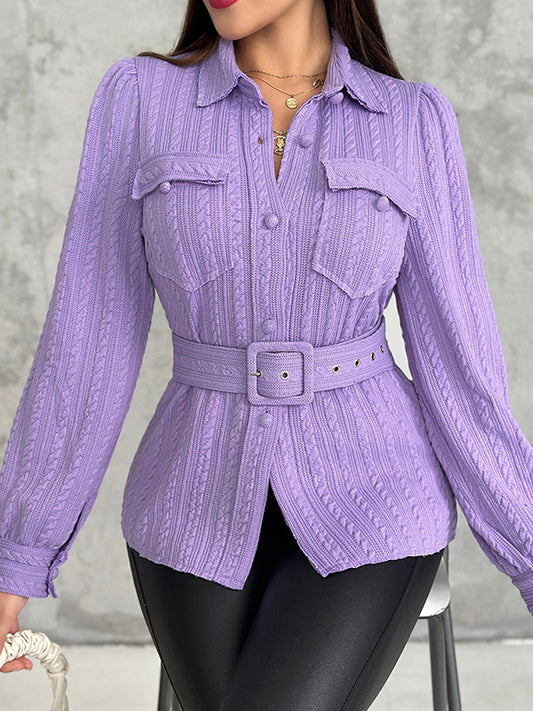 Long Sleeves Loose Buttoned Pockets Solid Color Split-Joint Lapel Blouses&Shirts Tops