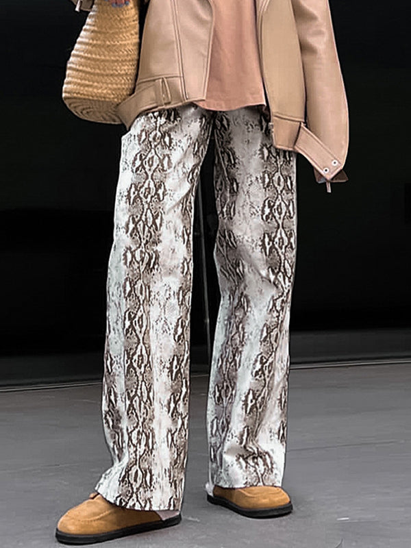 High Waisted Loose Elasticity Pockets Snakeskin Printed Pants Trousers