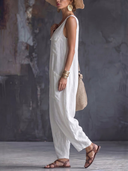 Loose Sleeveless Pockets Solid Color Square-Neck Jumpsuits