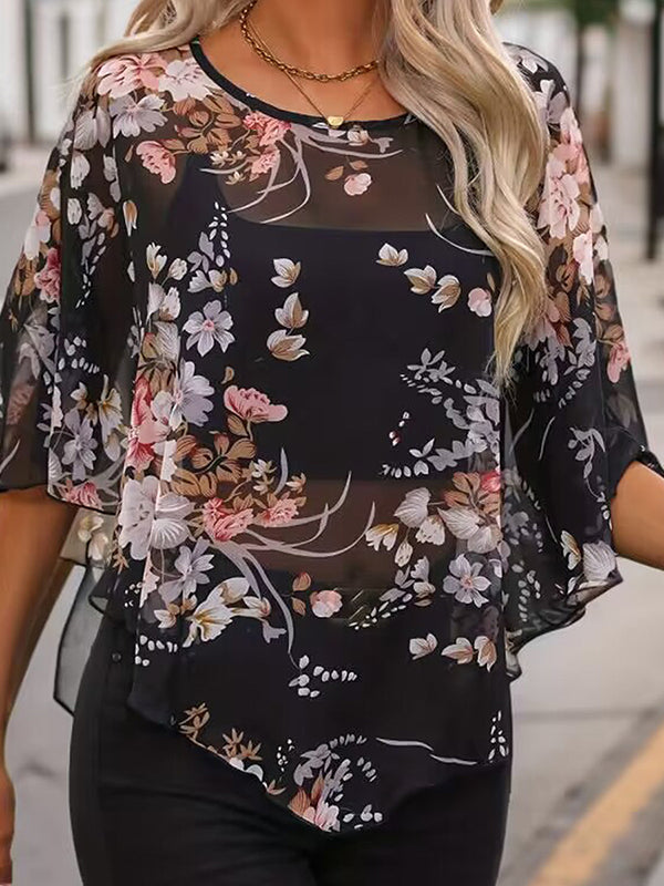 Batwing Sleeves Half Sleeves Flower Print See-Through Round-Neck Blouses&Shirts Tops Cover-Ups Tops