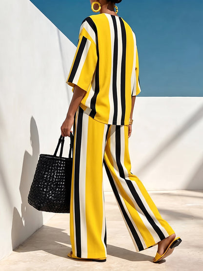 Striped Contrast Color Loose Half Sleeves Round-neck Blouses&shirts Tops
