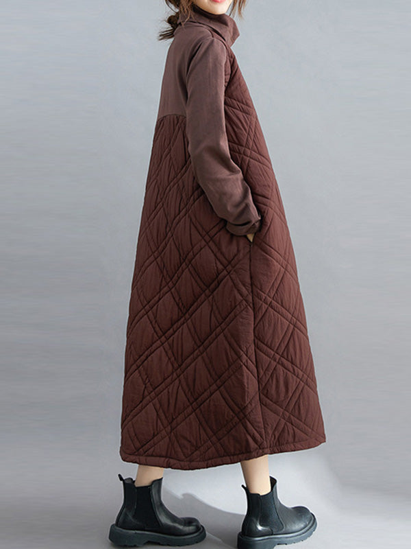 Simple Split-Joint High-Neck H-Line Quilted Midi Dress