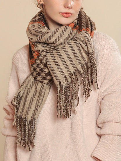 Houndstooth Plaid Tasseled Shawl&Scarf