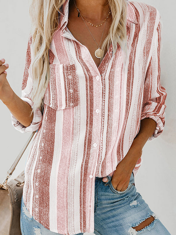 High-Low Long Sleeves Buttoned Pockets Striped Lapel Blouses&Shirts Tops