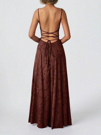 A-Line High Waisted Jacquard Pleated Solid Color Spaghetti-Neck Maxi Dresses