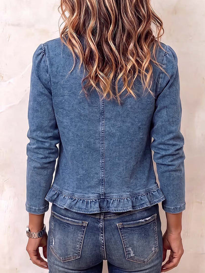 Solid Color Ruffled Long Sleeves Collarless Outerwear