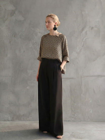Long Sleeves Contrast Color Printed Round-Neck Blouses&Shirts Tops