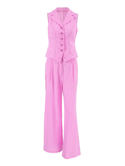Loose Sleeveless Buttoned Elasticity Pleated Solid Color Lapel Pants Trousers Two Pieces Set Vest Top
