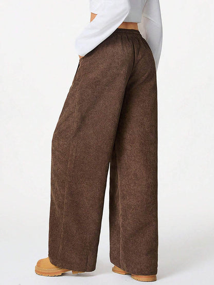 High Waisted Wide Leg Drawstring Elasticity Pockets Solid Color Pants Trousers