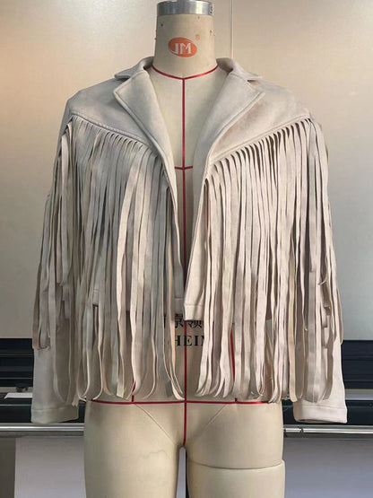 Long Sleeves Solid Color Split-Joint Tasseled Notched Collar Jackets