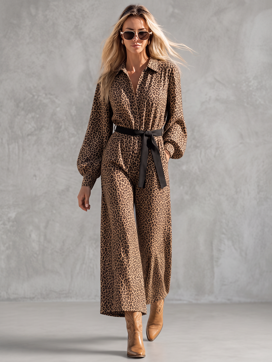 Tied Waist Pockets Leopard Buttoned Wide Leg Loose Lapel Jumpsuits