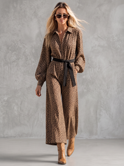 Tied Waist Pockets Leopard Buttoned Wide Leg Loose Lapel Jumpsuits