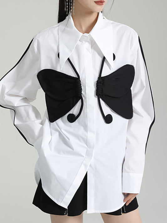 Long Sleeves Loose Butterfly Shape Buttoned Lapel Blouses&Shirts Tops