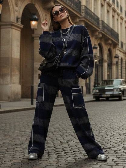 Loose Wide Leg Contrast Color Line Pockets Split-Joint Striped Pants