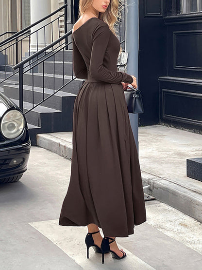 High Waisted Long Sleeves Pleated Solid Color Split-Front One-Shoulder Maxi Dresses