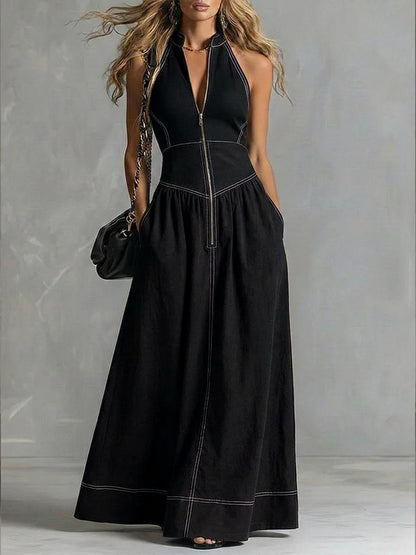 A-Line High Waisted Pleated Pockets Solid Color Zipper Stand Collar Maxi Dresses
