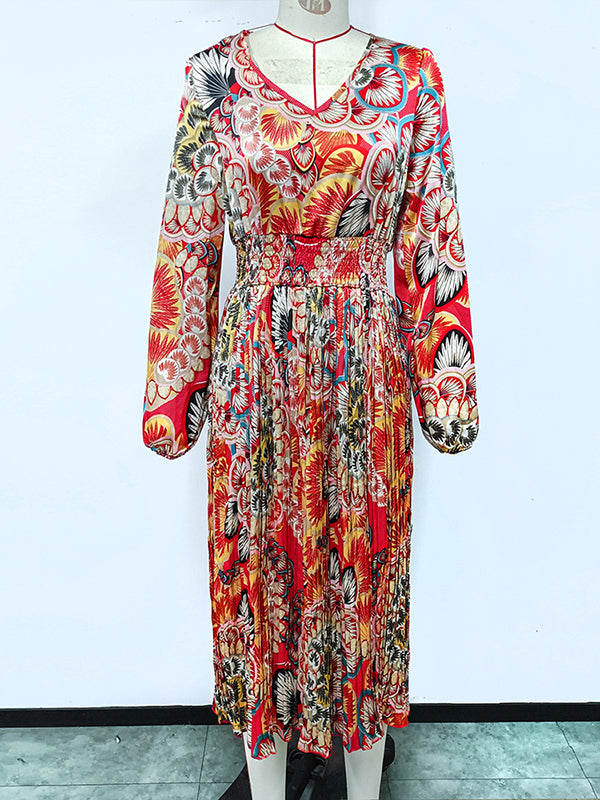 A-Line Bishop Sleeve Elasticity Flower Print Pleated V-Neck Midi Dresses