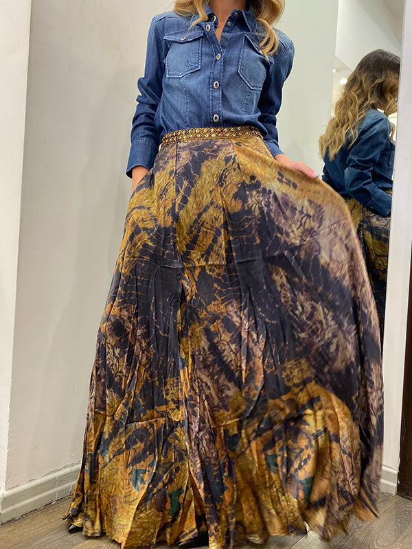 Loose Wrap Contrast Color Flower Print Skirts Bottoms