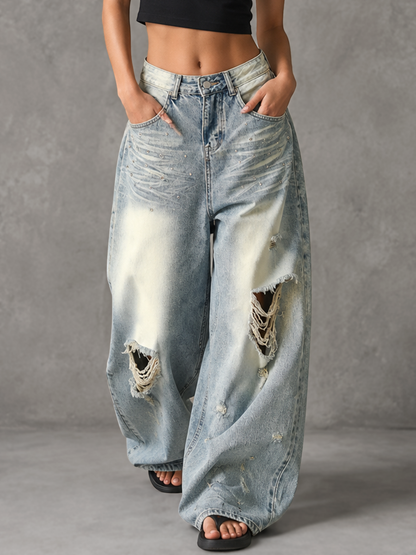 High Waisted Wide Leg Buttoned Contrast Color Hollow Pockets Split-Joint Jean Pants Bottoms