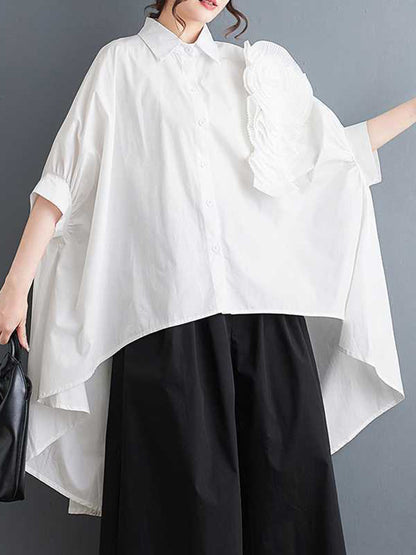 Half Sleeves High-Low Buttoned Pleated Solid Color Three-Dimensional Flower Lapel Blouses&Shirts Tops