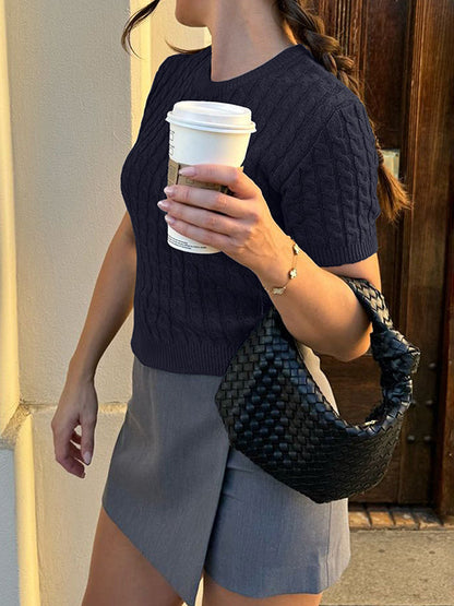 Short Sleeves Solid Color Split-Joint Round-neck Pullovers Sweater Tops