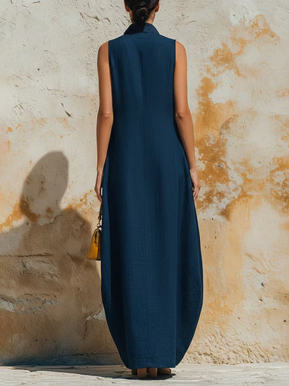 High Waisted Loose Buttoned Contrast Color Split-Front Zipper Lapel Maxi Dresses