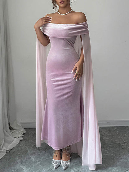 Bodycon Cape Solid Color Velvet Off-the-shoulder Midi Dresses