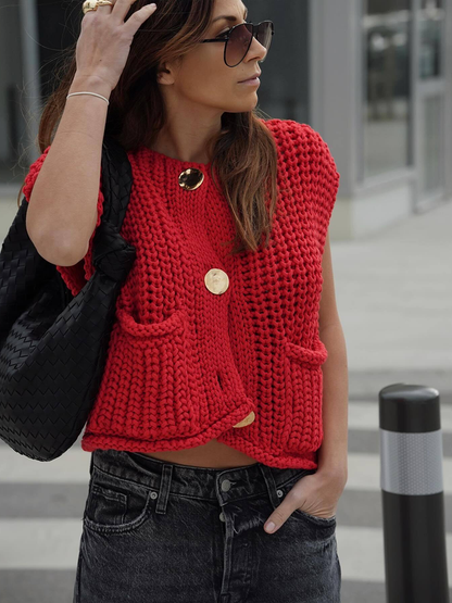 Sleeveless Buttoned Pockets Solid Color Cardigan Tops Knit Top